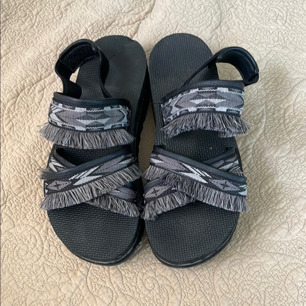 Teva Gray and Black Fringe Platform Strap Sandals